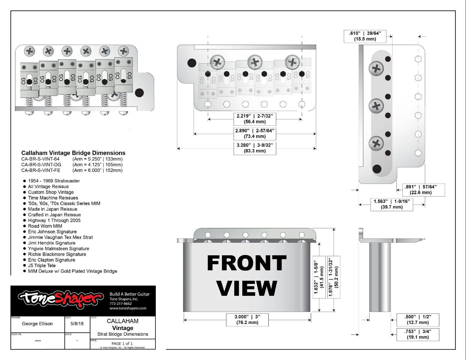 Callaham guitar bridge dimensions