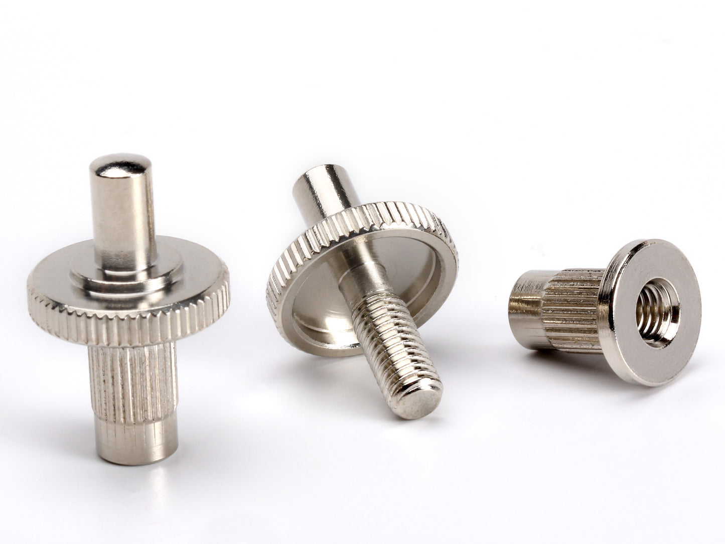 OEM Nashville bridge post set, M5 thread with 5mm post, nickel-plated brass, exploded