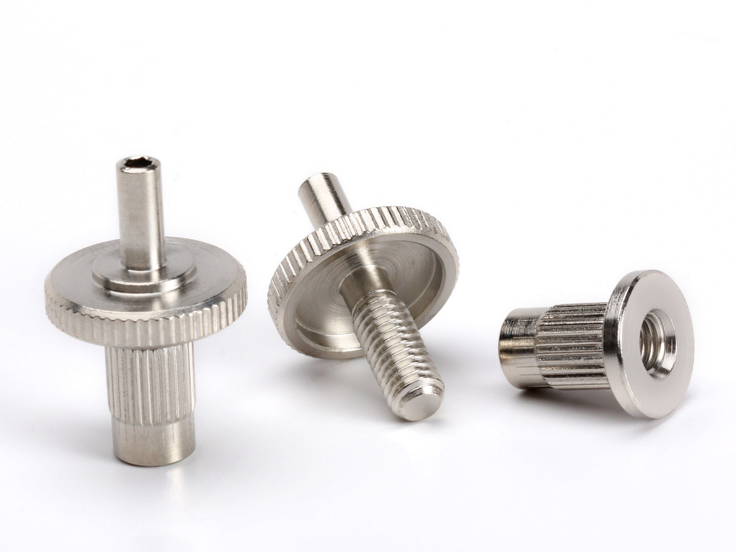 OEM Nashville bridge post set, M5 thread with 5mm post, nickel-plated steel, with hex broach for ease of adjustment, exploded