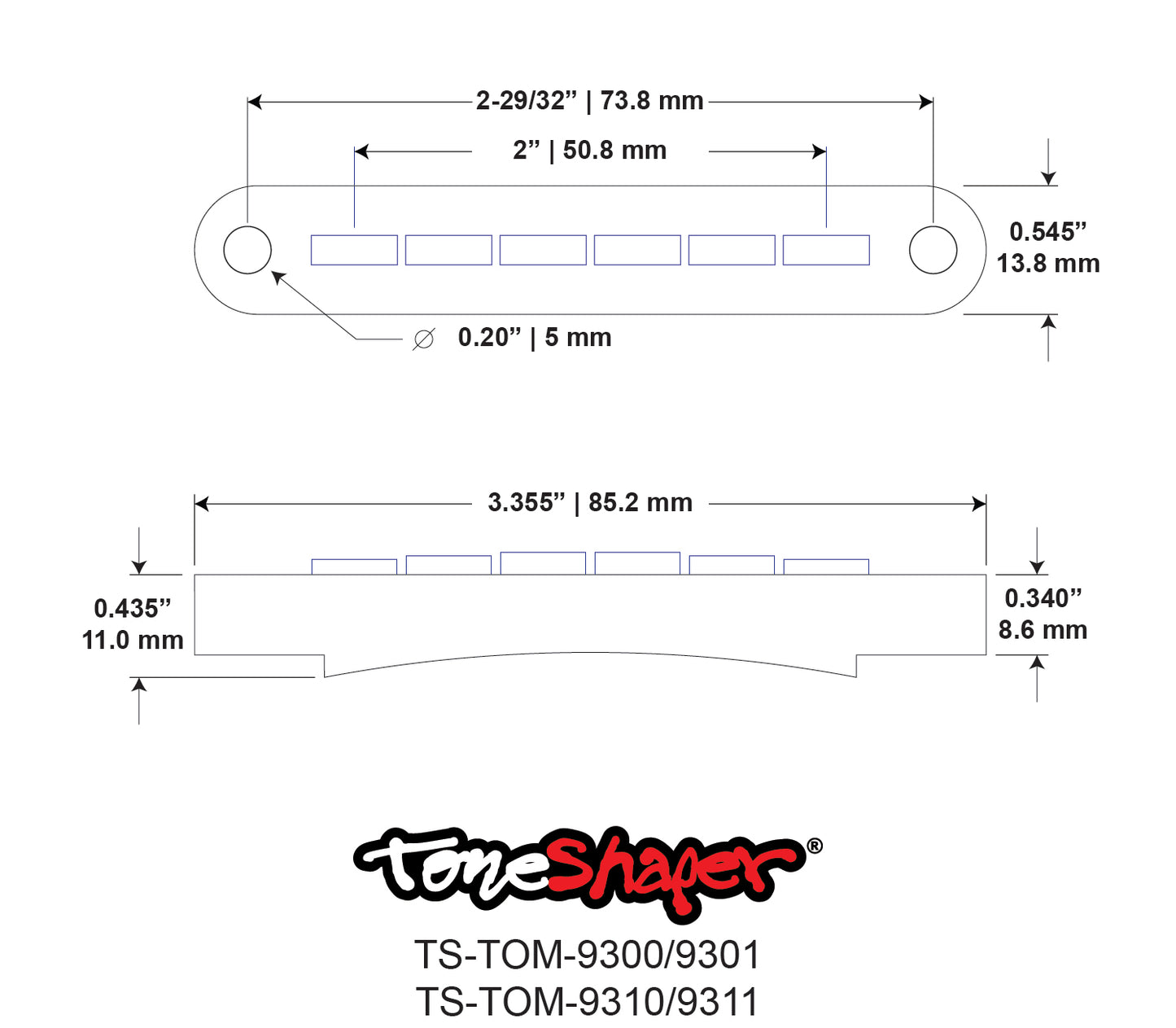 Dimension drawing of a tune-o-matic bridge
