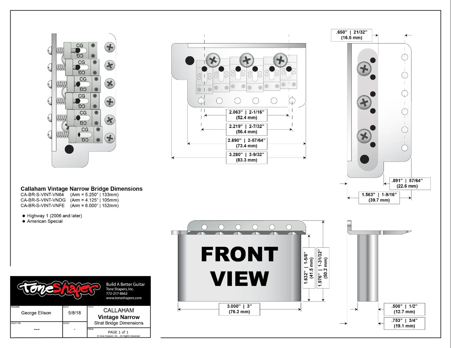 Callaham vintage narrow bridge dimensions