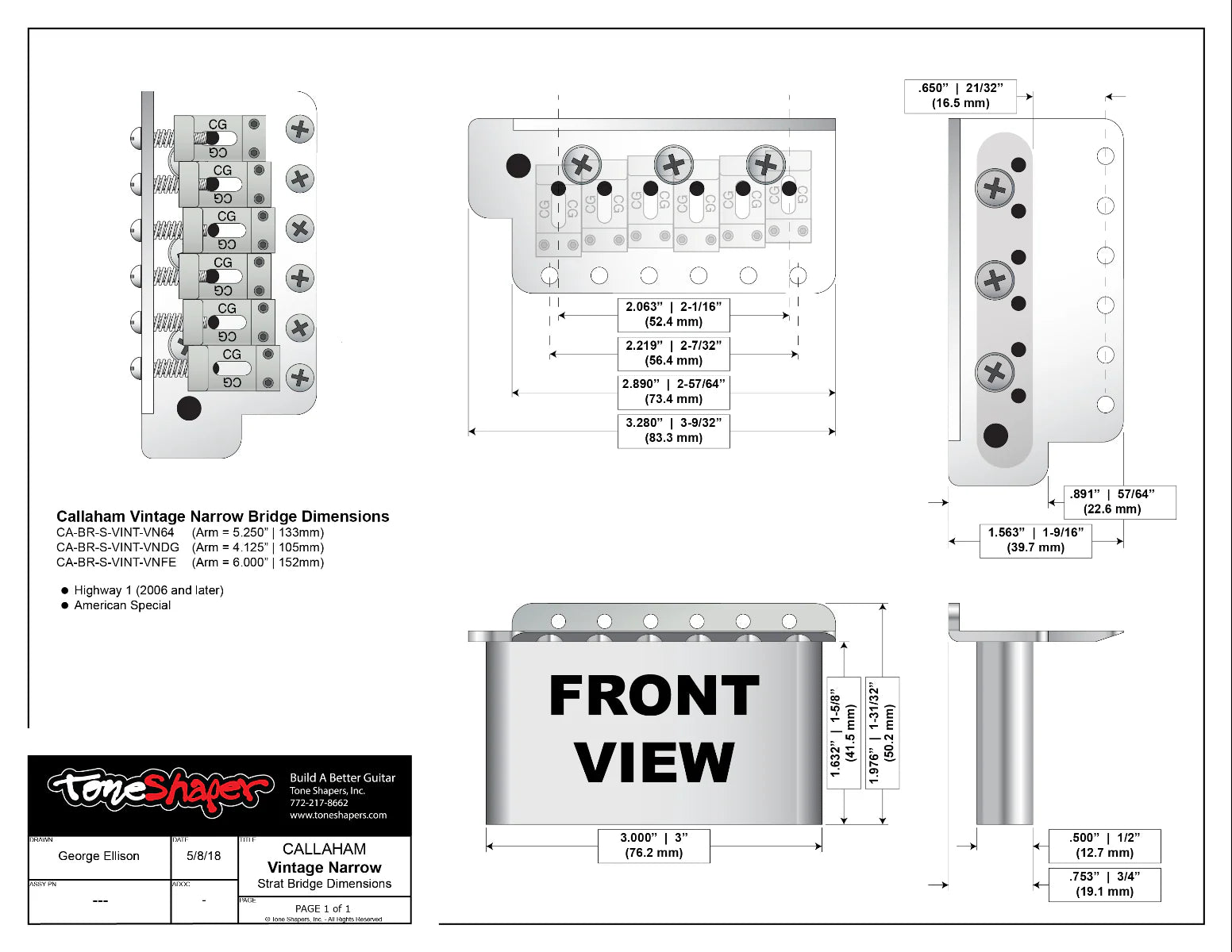 Callaham vintage narrow bridge dimensions