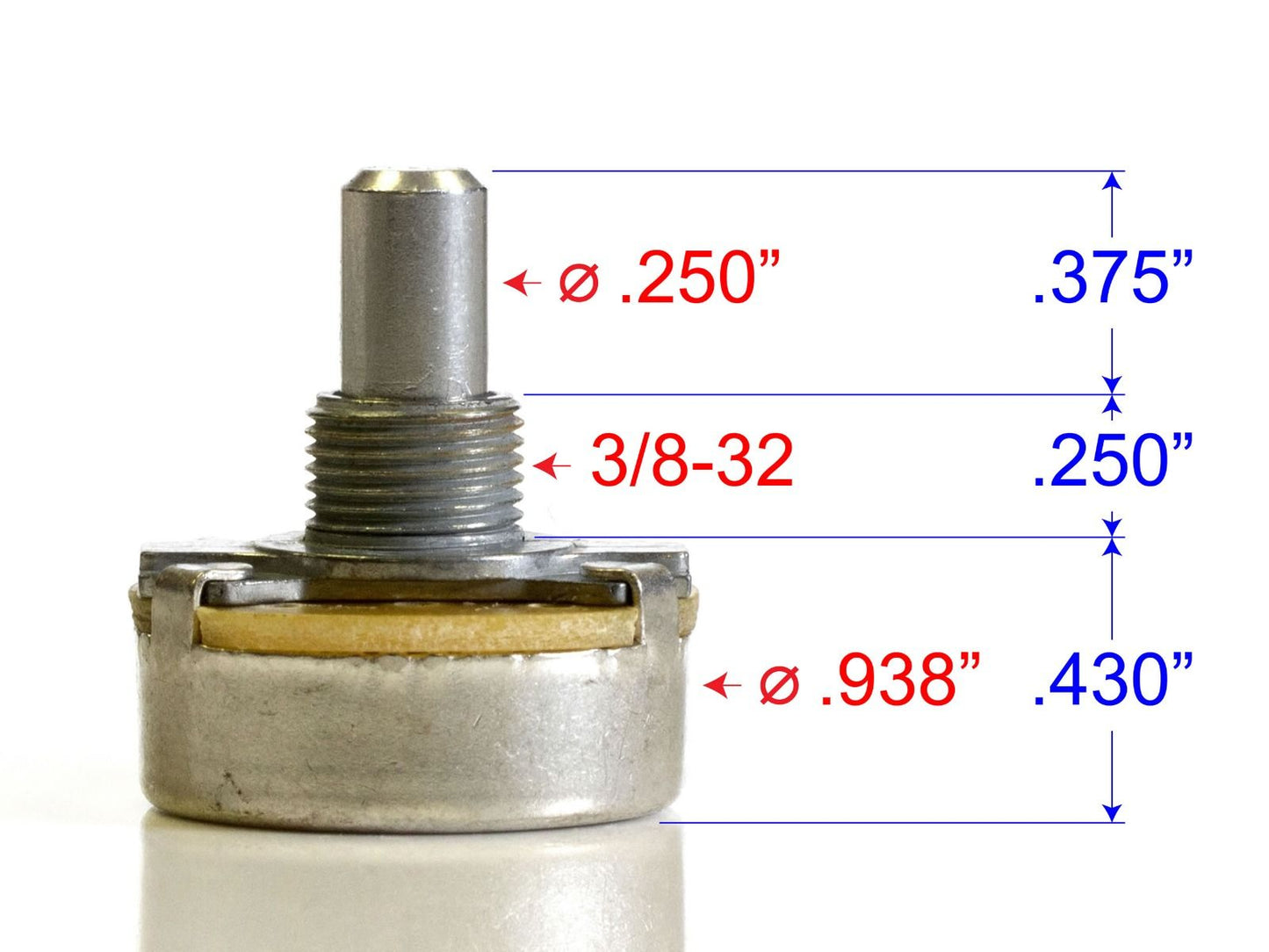 Dimensions - CTS Pot, 250k Audio, Solid Shaft