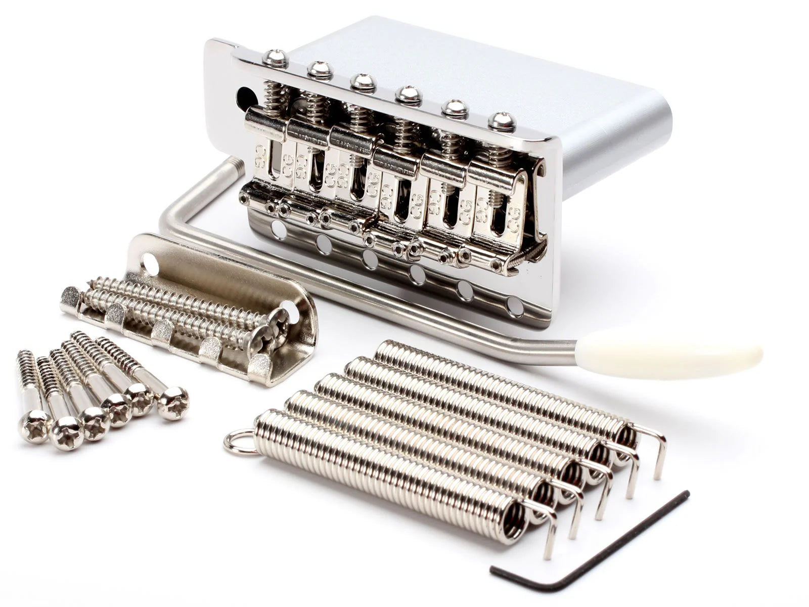Guitar bridge assembly with springs and screws on a white background
