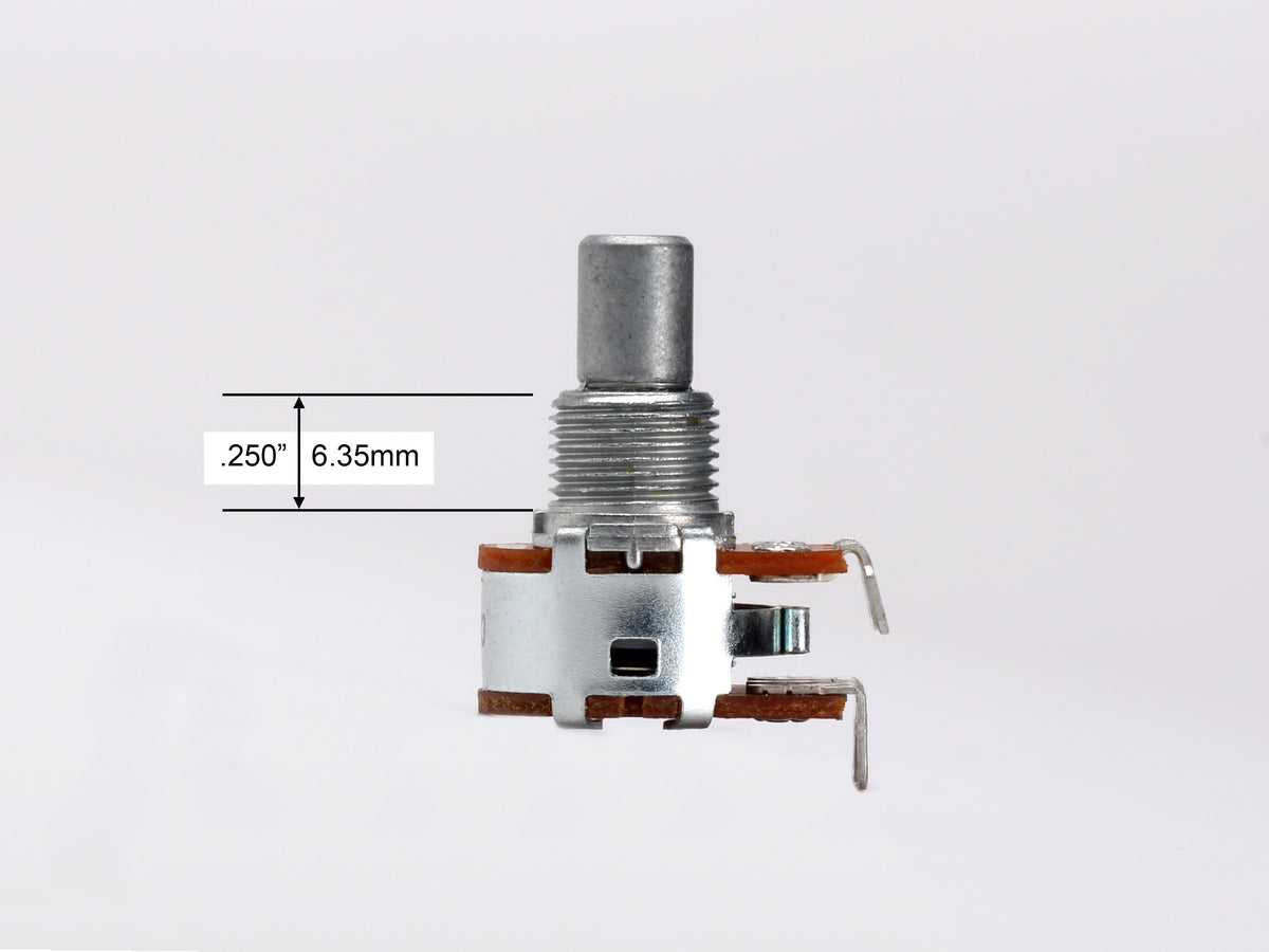 Alpha 250k Pan Pot, Solid Shaft, 1/4" Thread Length - side, showing shaft and thread length