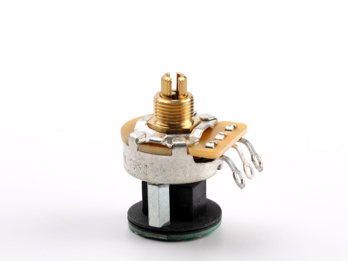 CTS 250k Audio Pot, S-1 Pushbutton Switch, Split Shaft - front