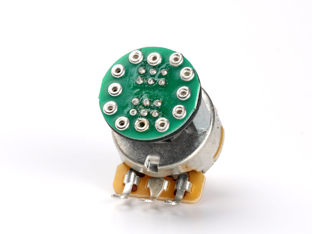CTS 250k Audio Pot, S-1 Pushbutton Switch, Split Shaft - back, showing lugs and label