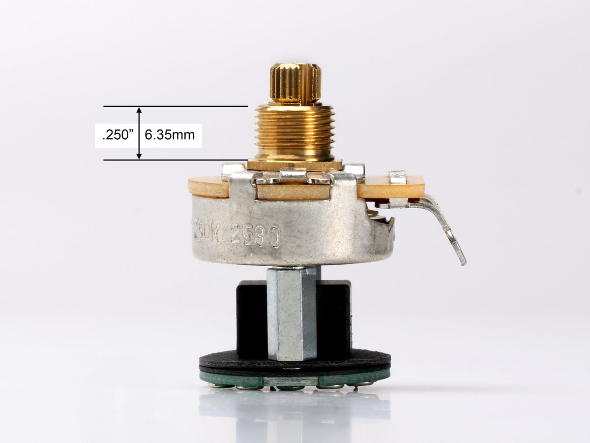 CTS 250k Audio Pot, S-1 Pushbutton Switch, Split Shaft - side, showing shaft and thread length