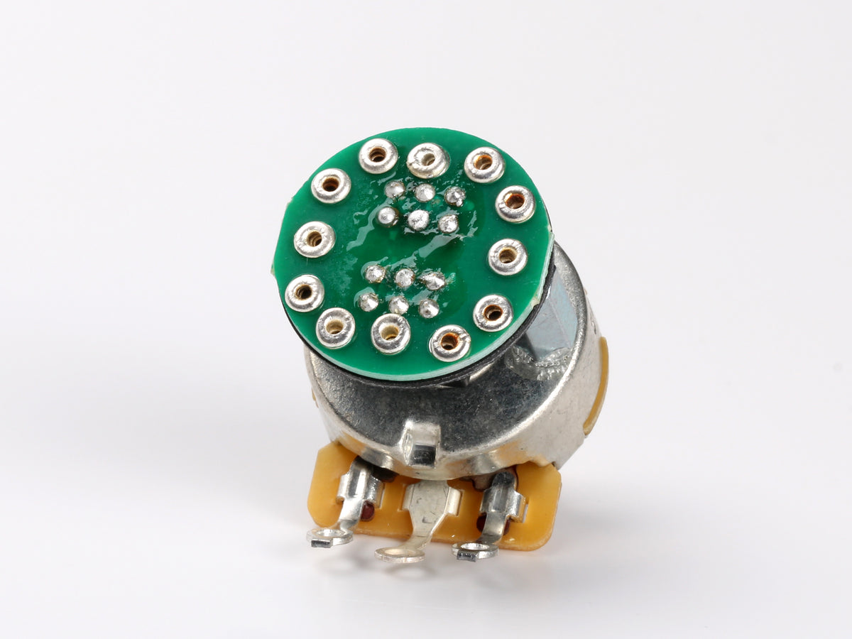 CTS 500k Audio Pot, S-1 Pushbutton Switch, Split Shaft - back, showing lugs and label