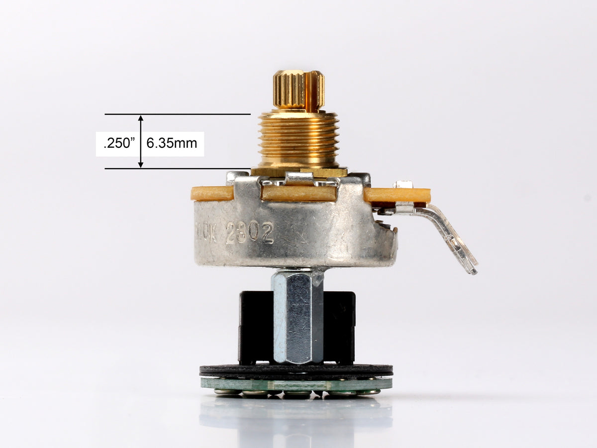 CTS 500k Audio Pot, S-1 Pushbutton Switch, Split Shaft - side, showing shaft and thread length