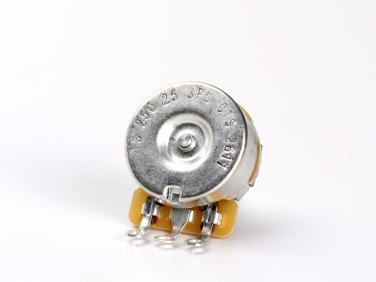 CTS 250k Audio Pot, Split Shaft, 1/4" Thread Length, for Stratocaster - back, showing lugs and label