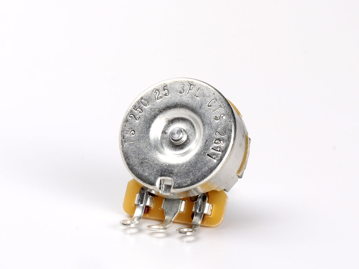CTS 250k Audio Pot, Split Shaft, for Stratocaster - back, showing lugs and label