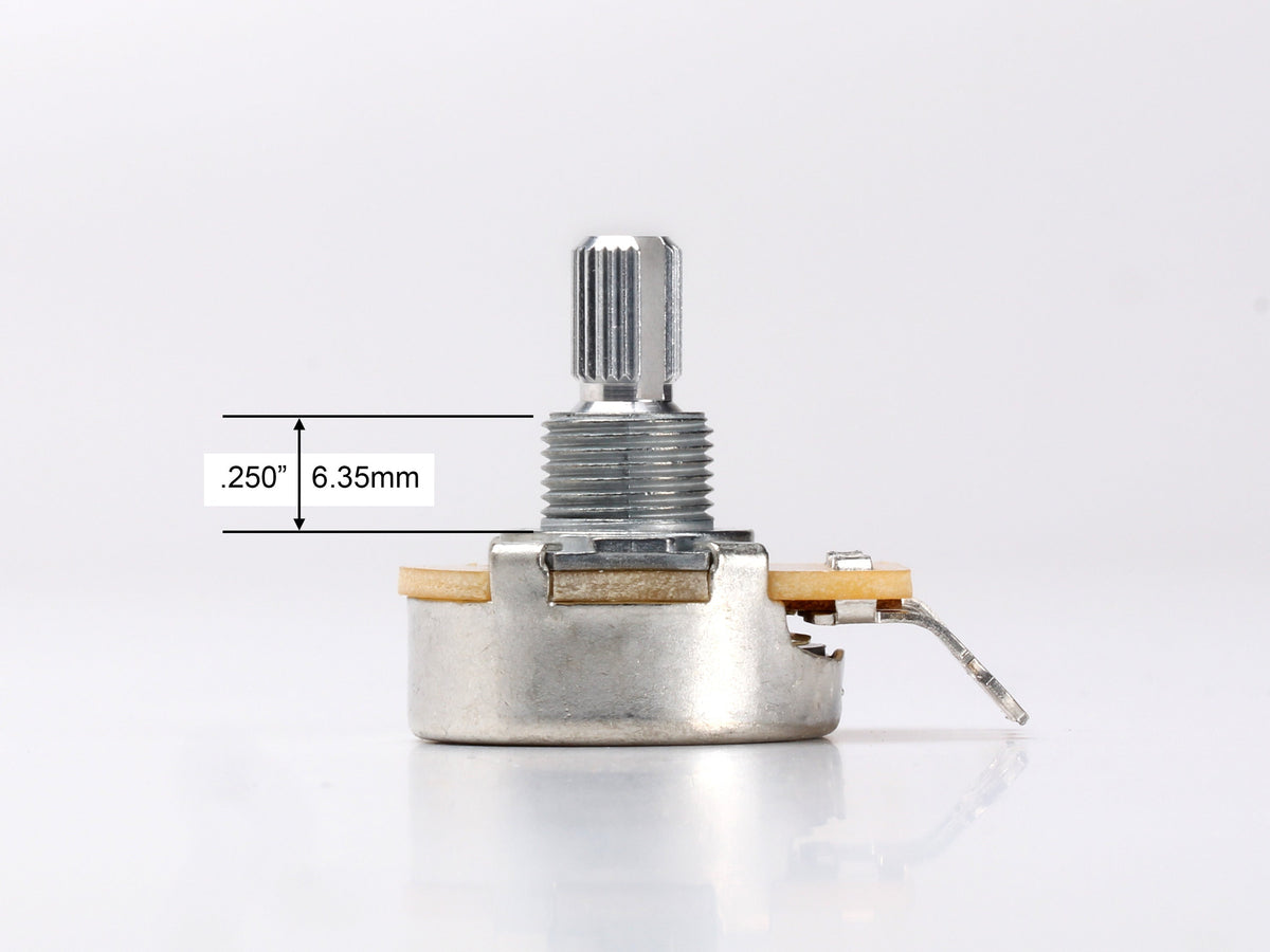 CTS 250k Audio Pot, Split Shaft, for Stratocaster - side, showing shaft and thread length