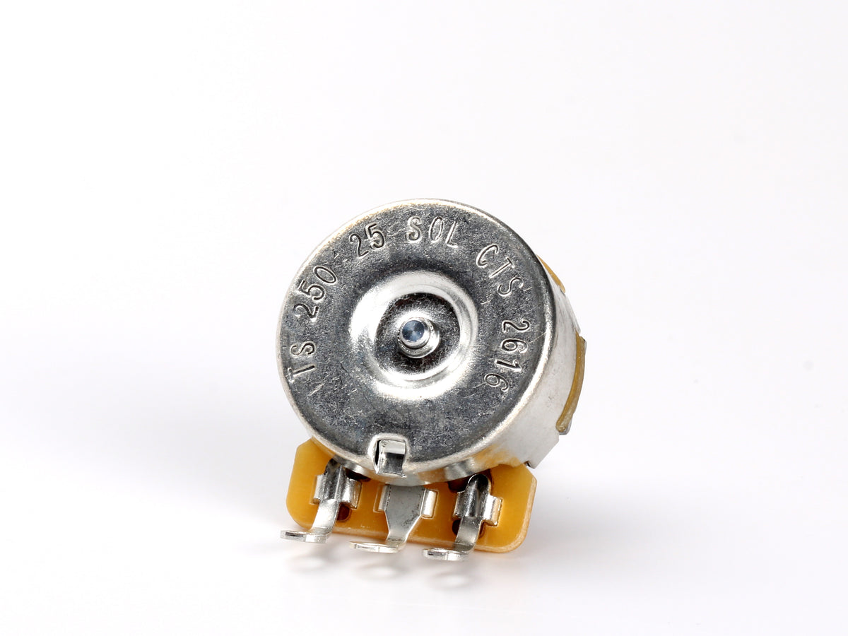 CTS 250k Audio Pot, Solid Shaft, 1/4" Thread Length, for Telecaster - back, showing lugs and label