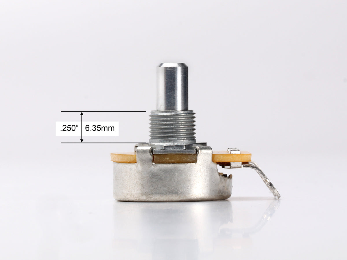 CTS 250k Audio Pot, Solid Shaft, 1/4" Thread Length, for Telecaster - side, showing shaft and thread length