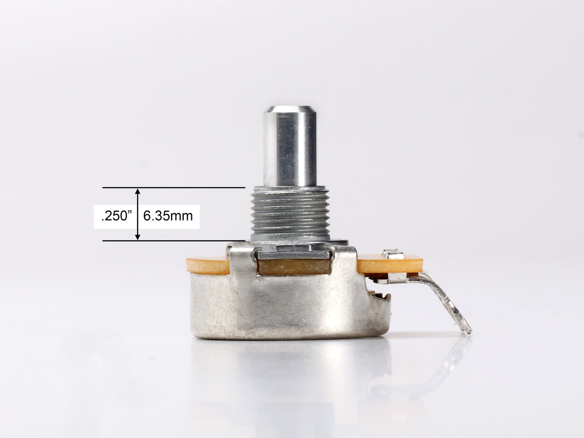 CTS 250k Audio Pot, Solid Shaft, for Telecaster - side, showing shaft and thread length