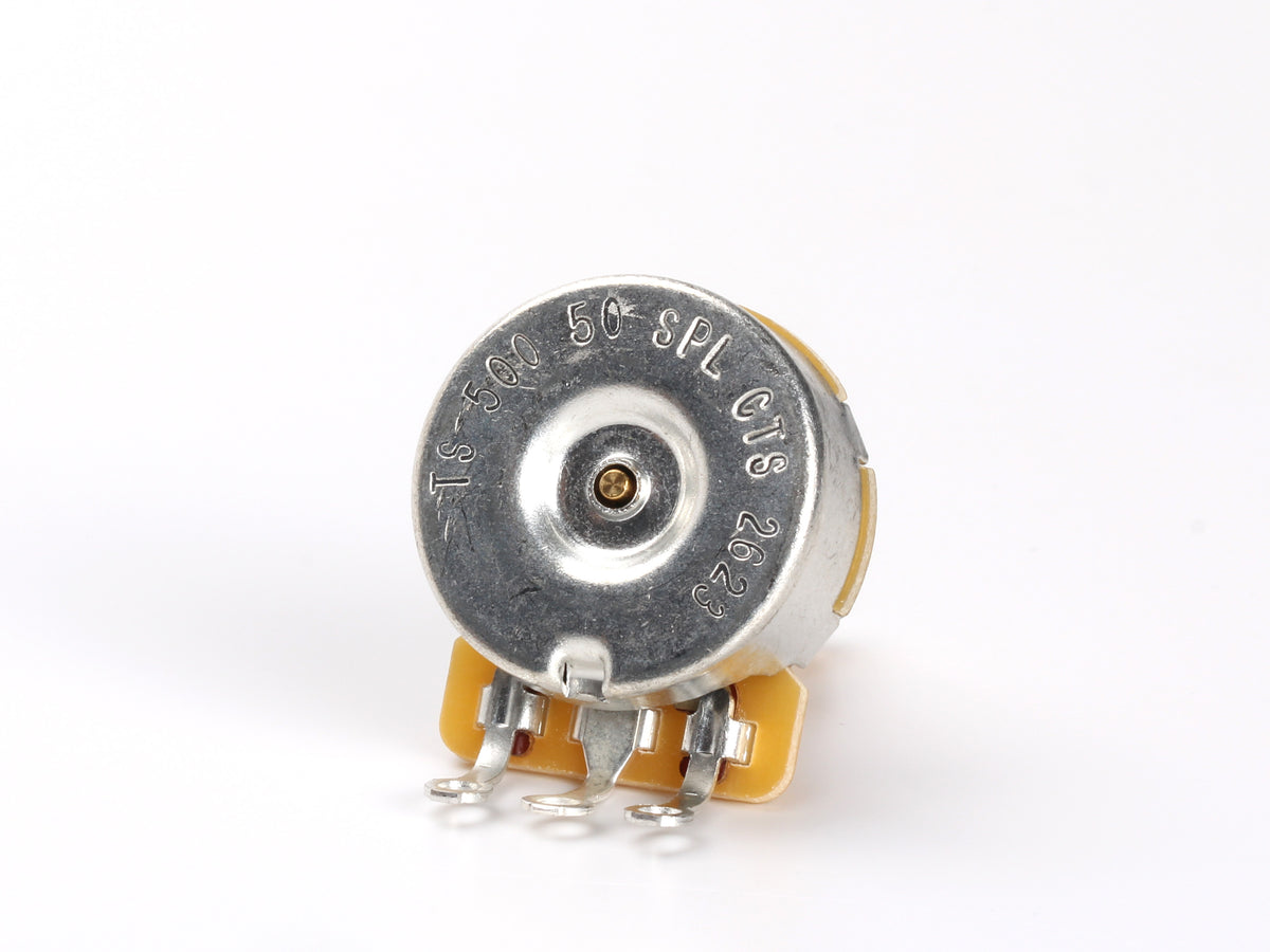 CTS 500k Audio Pot, Split Shaft, 1/2" Thread Length, for Les Paul, SG & ES-335 - back, showing lugs and label