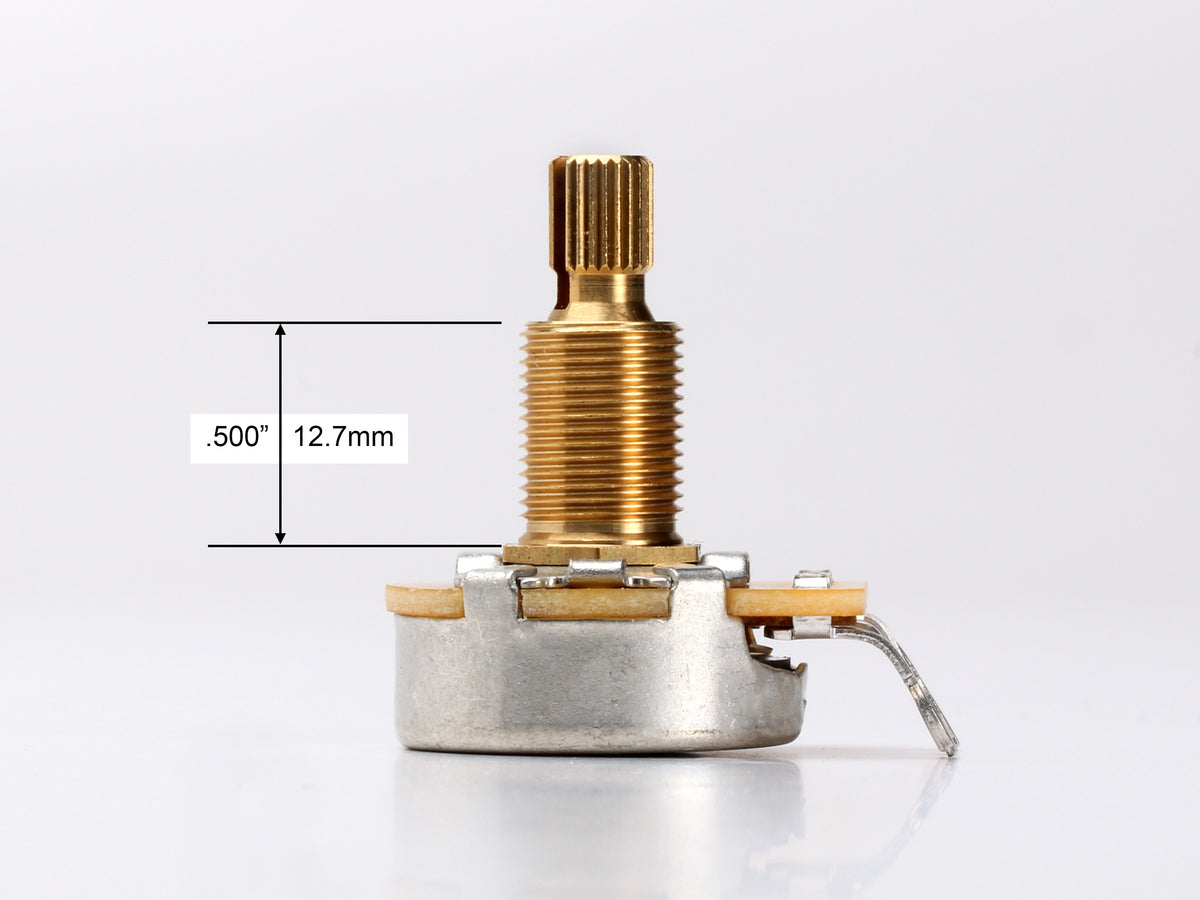 CTS 500k Audio Pot, Split Shaft, 1/2" Thread Length, for Les Paul, SG & ES-335 - side, showing shaft and thread length
