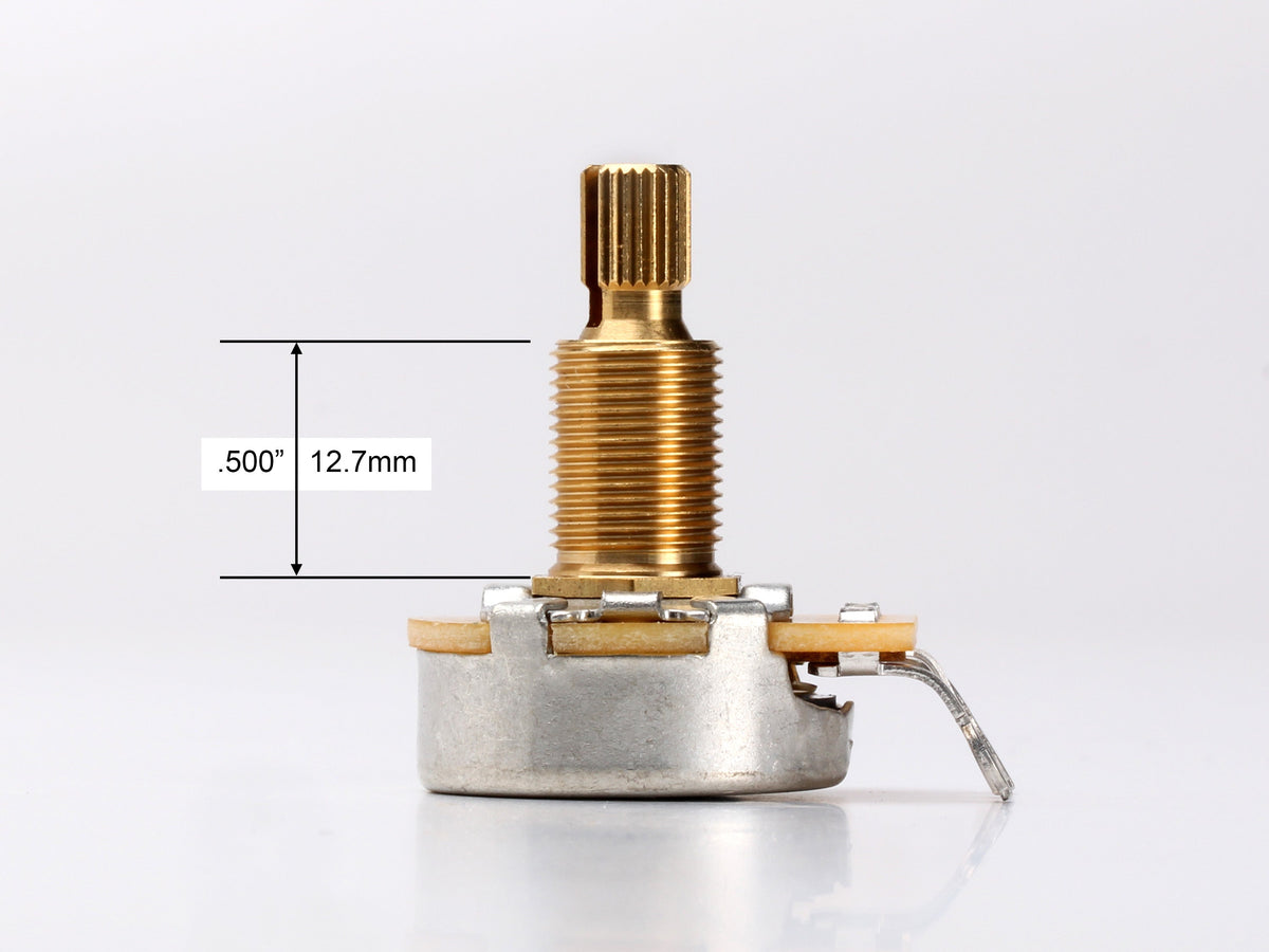 CTS 500k Audio Pot, Split Shaft, 1/2 inch Thread - side, showing shaft and thread length