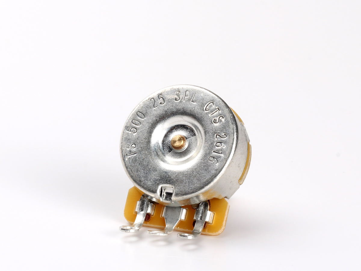CTS 500k Audio Pot, Split Shaft, 1/4" Thread Length, for Stratocaster - back, showing lugs and label