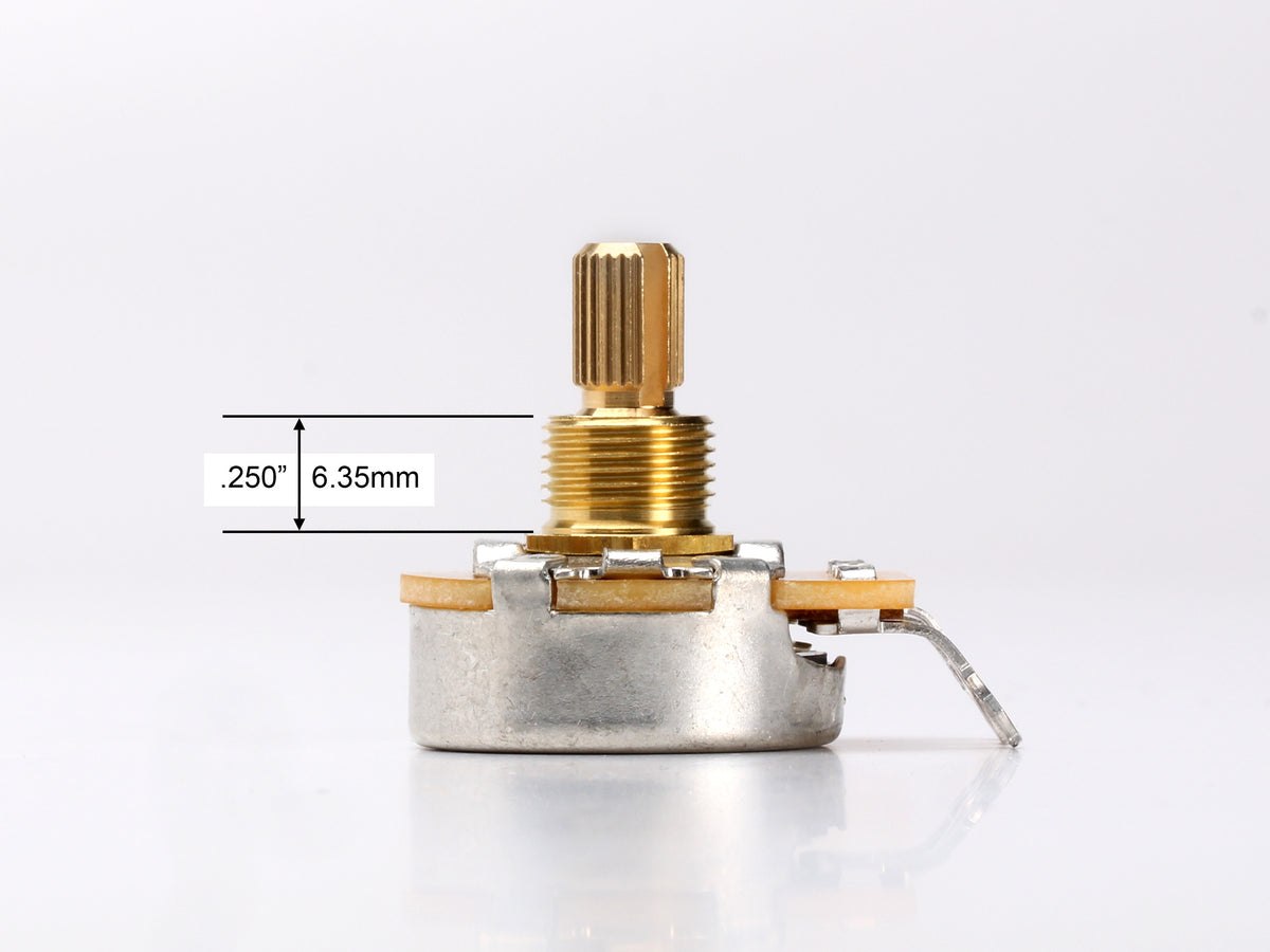 CTS 500k Audio Pot, Split Shaft, 1/4" Thread Length, for Stratocaster - side, showing shaft and thread length