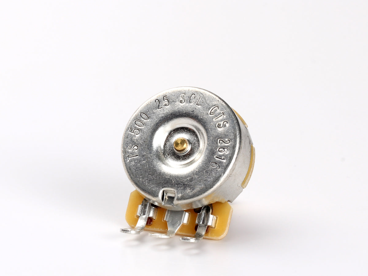 CTS 500k Audio Pot, Solid Shaft, 1/4" Thread Length, for Telecaster - back, showing lugs and label
