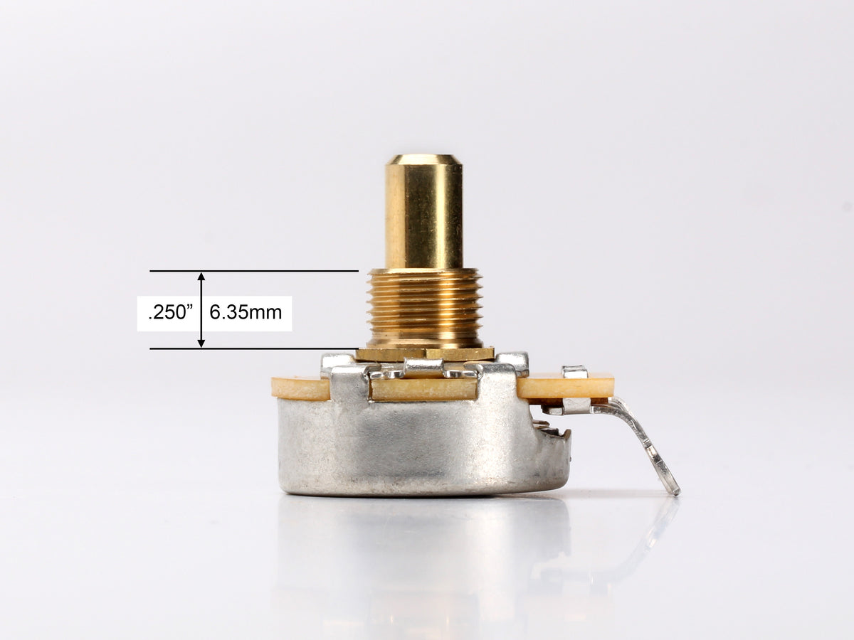 CTS 500k Audio Pot, Solid Shaft, 1/4" Thread Length, for Telecaster - side, showing shaft and thread length