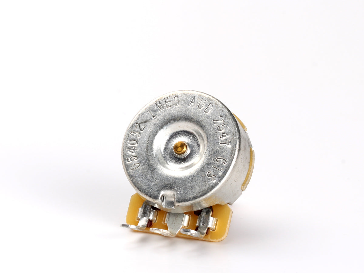 CTS 1M Audio Pot, Split Shaft, 1/4" Thread Length, for Jazzmaster - back, showing lugs and label