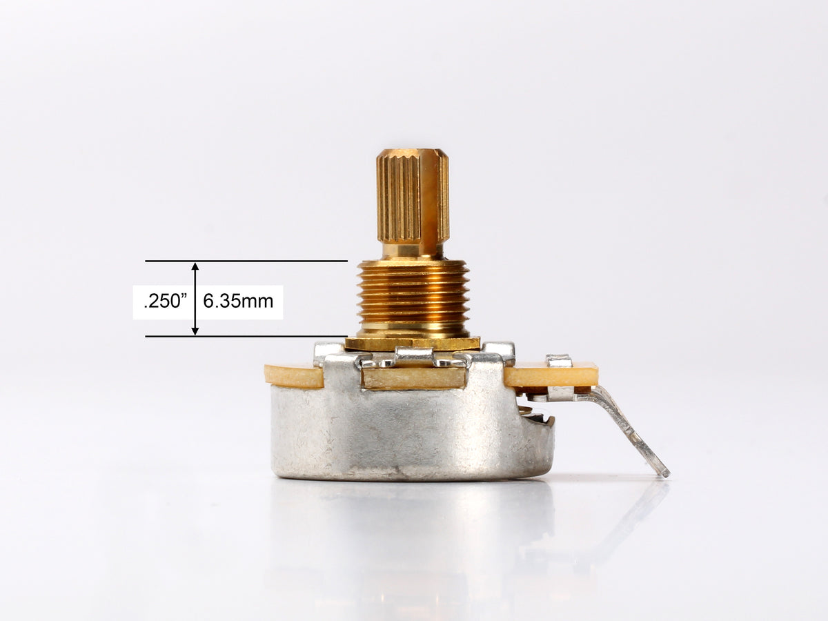 CTS 1M Audio Pot, Split Shaft, 1/4" Thread Length, for Jazzmaster - side, showing shaft and thread length