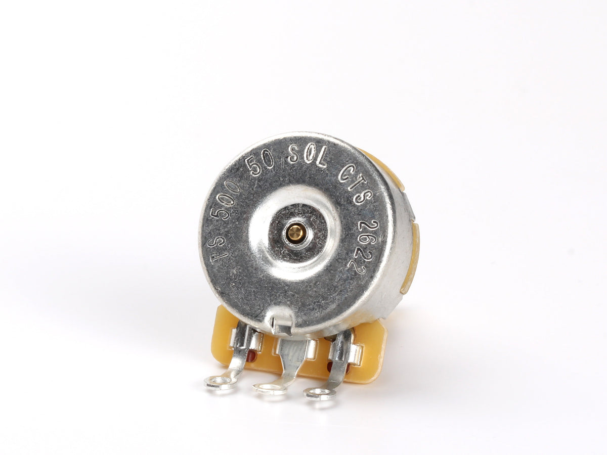 CTS 500k Audio Pot, Solid Shaft, 1/2 inch Thread - back, showing lugs and label