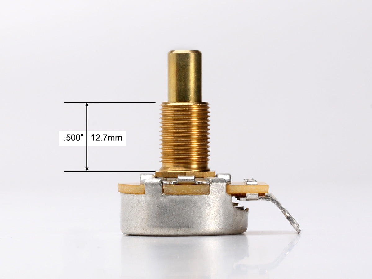 CTS 500k Audio Pot, Solid Shaft, 1/2 inch Thread - side, showing shaft and thread length