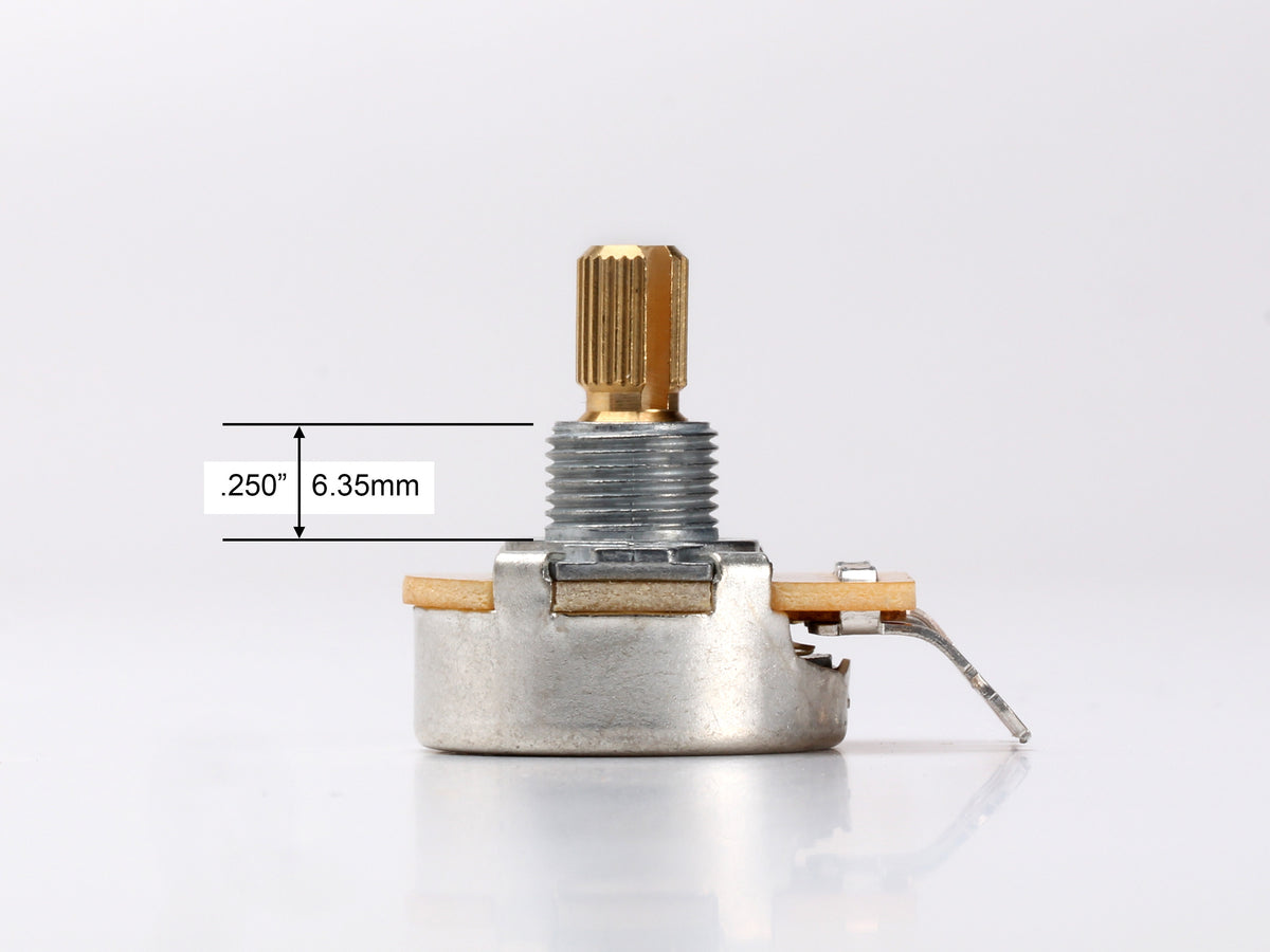 CTS 1M Linear Pot, Split Shaft, 1/4" Thread Length, for Jazzmaster - side, showing shaft and thread length