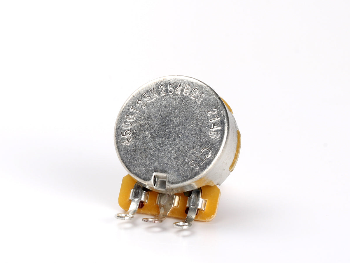 CTS 250k Audio Pot (450G), Split Shaft, 1/4" Thread Length - back, showing lugs and label