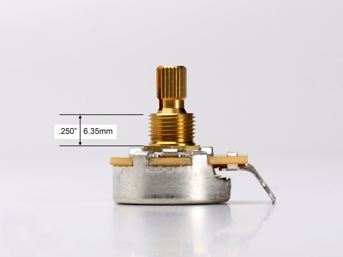 CTS 250k Audio Pot (450G), Split Shaft, 1/4" Thread Length - side, showing shaft and thread length