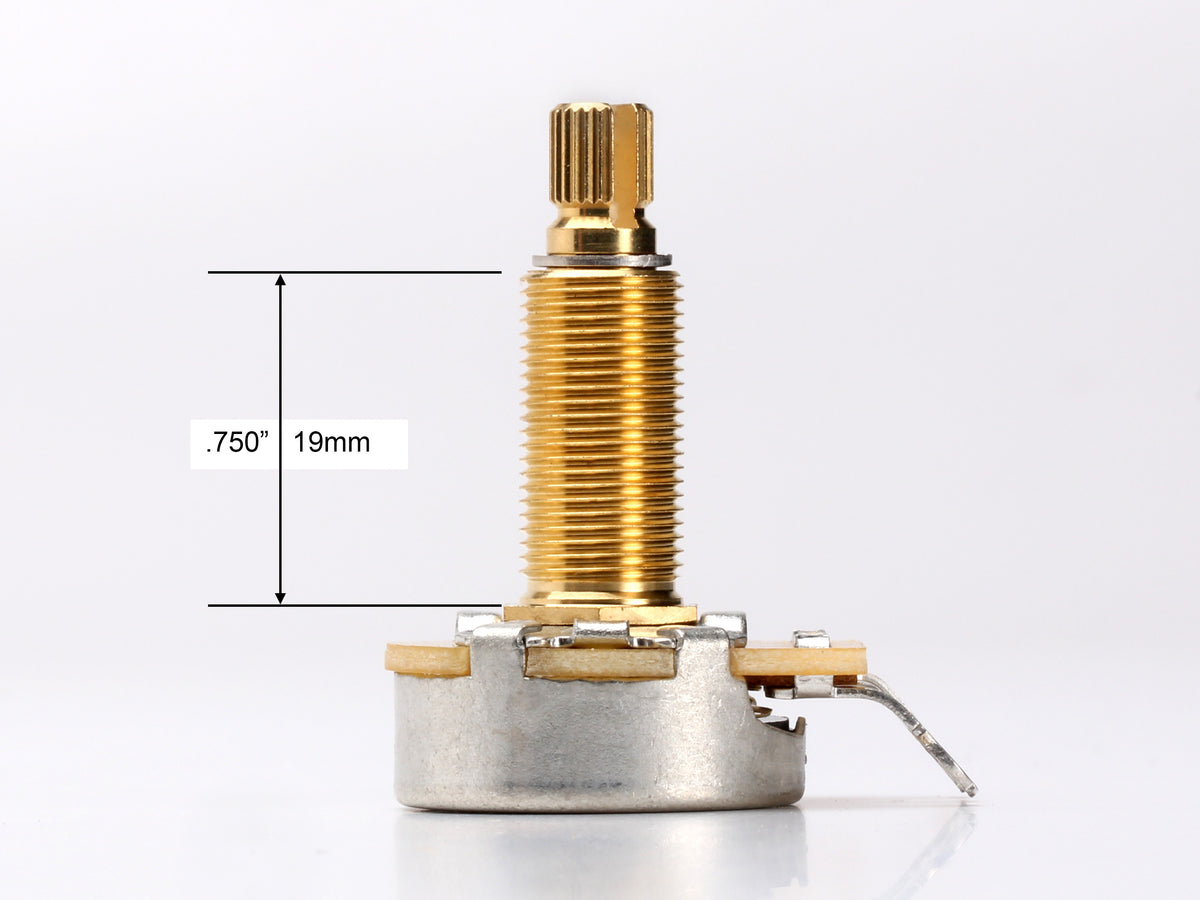CTS 500k Audio Pot, Split Shaft, 3/4" Thread Length, 12-Pack - side, showing shaft and thread length