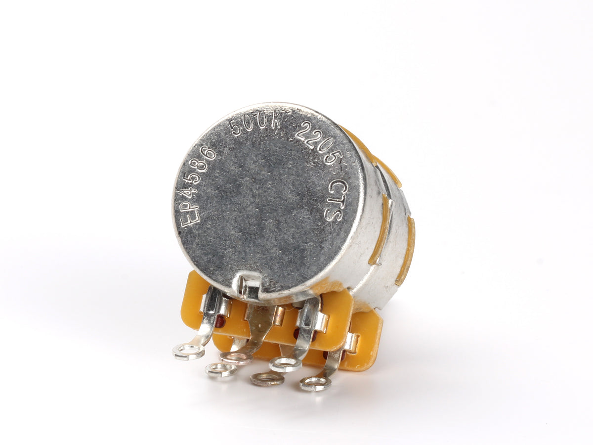 CTS 500k/500k Concentric Pot, 1/4" Thread Length - back, showing lugs and label