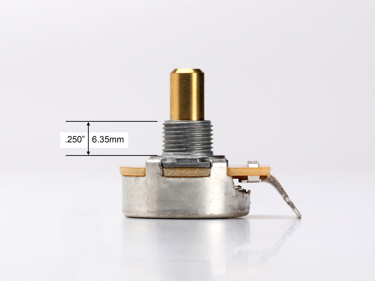 CTS 1M Linear Pot, Solid Shaft, 1/4" Thread Length - side, showing shaft and thread length
