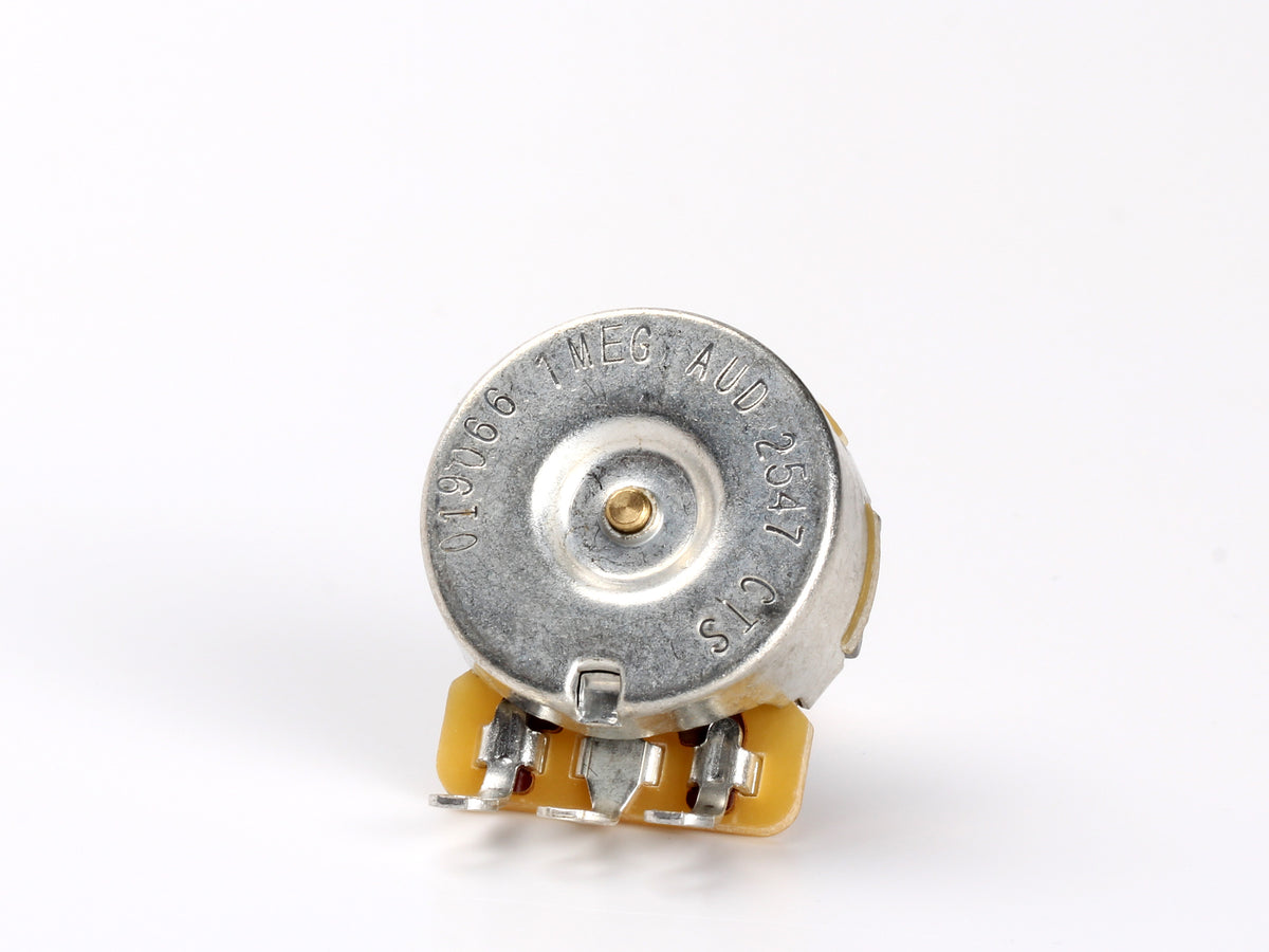 CTS 1M Audio Pot, Solid Shaft, 1/4" Thread Length, for Jaguar - back, showing lugs and label