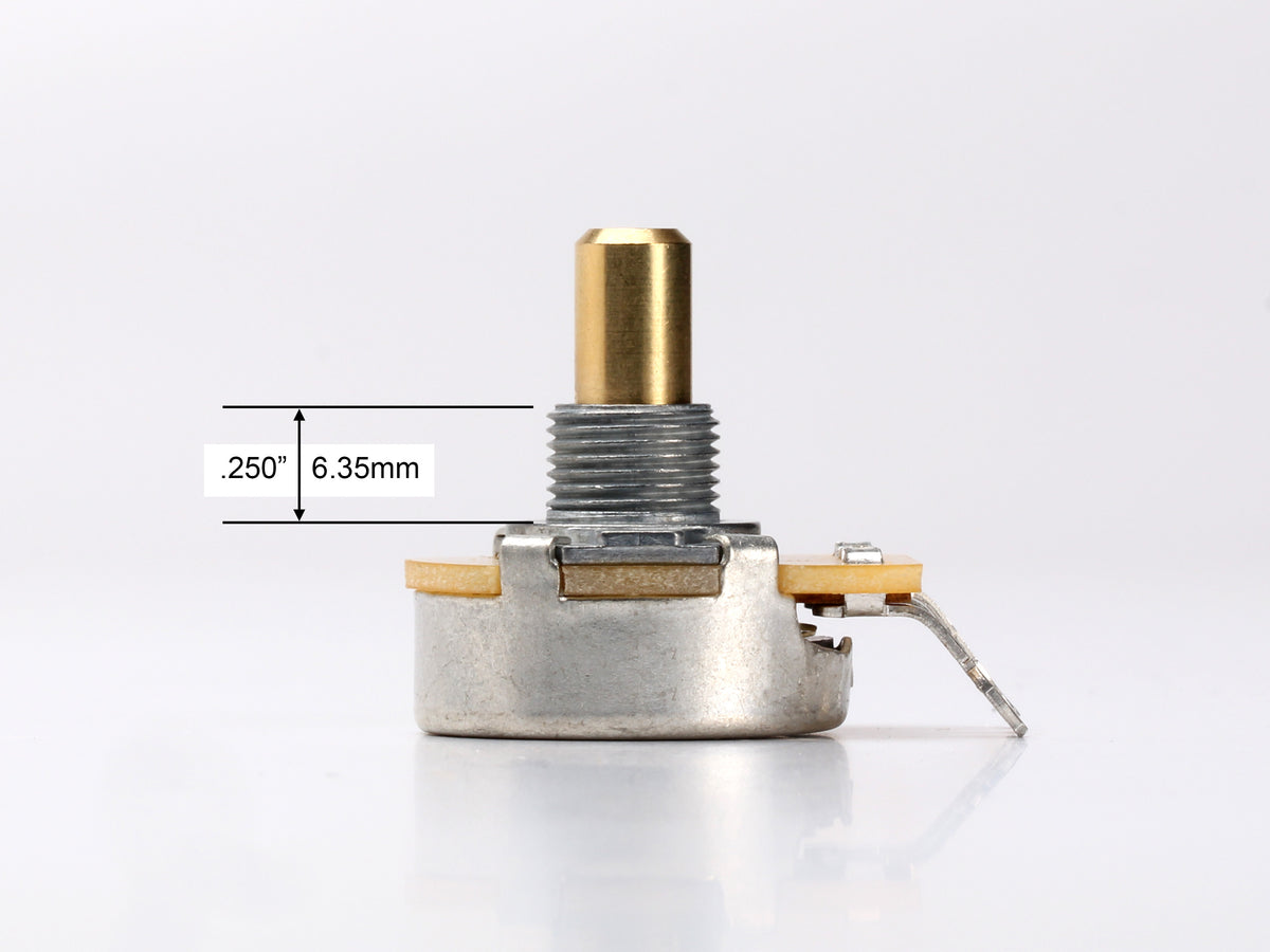 CTS 1M Audio Pot, Solid Shaft, 1/4" Thread Length, for Jaguar - side, showing shaft and thread length