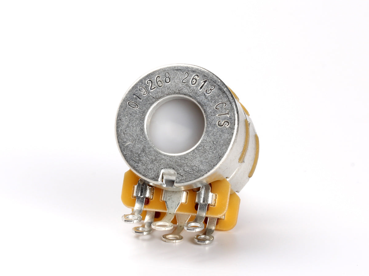 CTS 500k/250k Concentric Pot, 1/4" Thread Length - back, showing lugs and label
