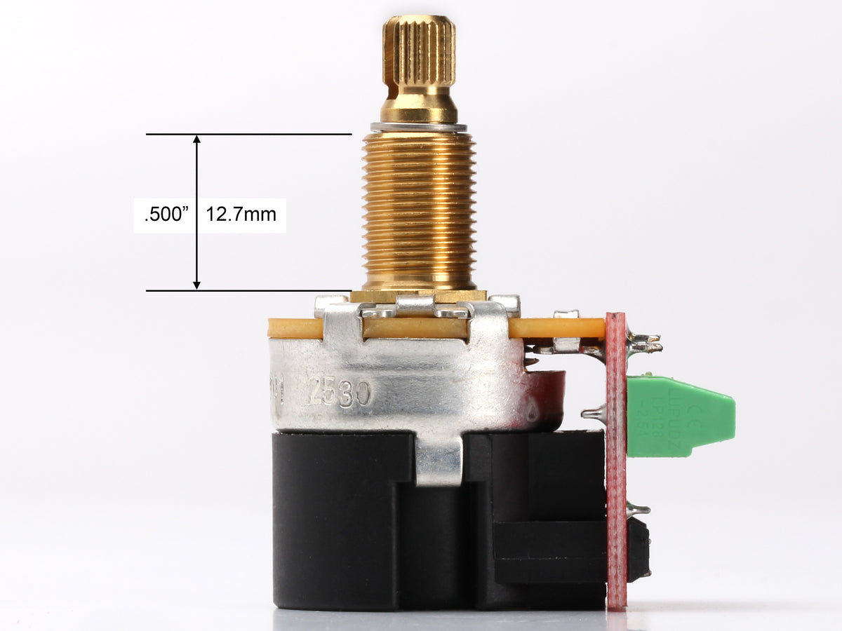 CTS 500k No-Solder Push/Pull, Split Shaft, 1/2" Thread Length - side, showing shaft and thread length