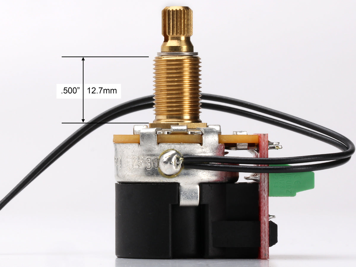 CTS 500k No-Solder Push/Pull, Split Shaft, Ground Wires Added - side, showing shaft and thread length