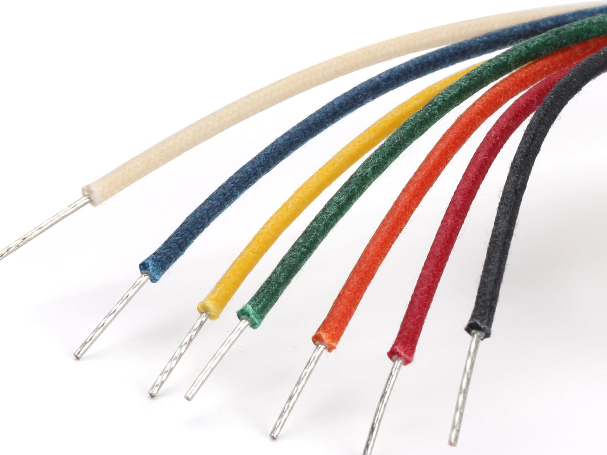 Gavitt cloth wire in seven colors, white, black, red, green, blue, orange, and yellow