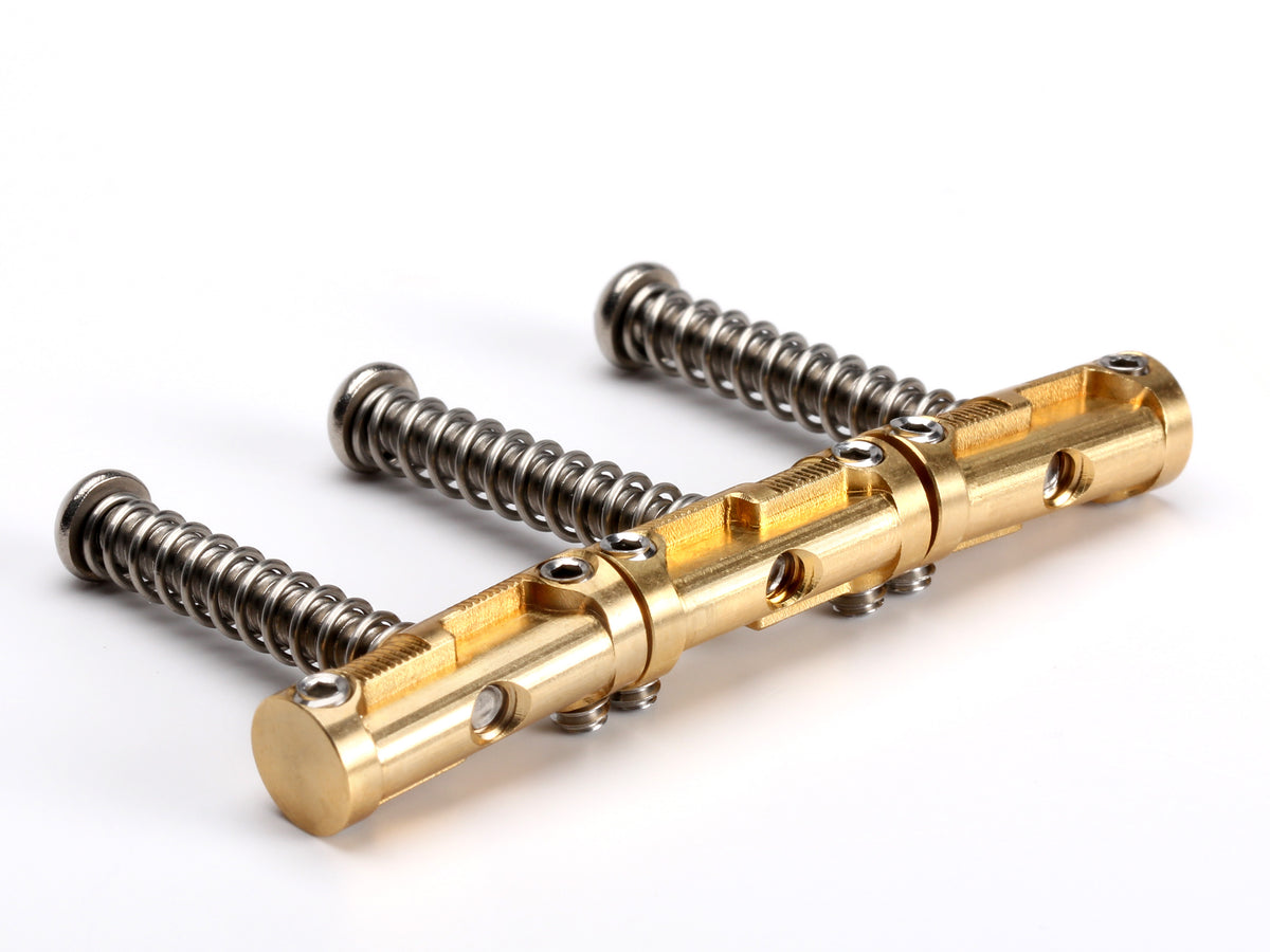 Music City Bridge Groove Master brass Tele saddles, set of three with height screws, intonation screws and springs