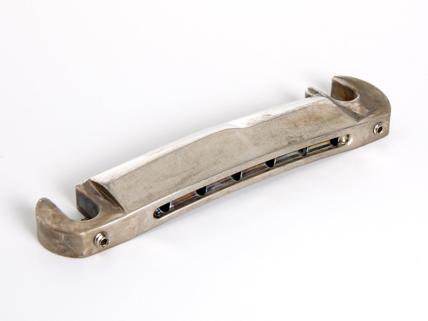 Music City Bridge "Stud Finder" bridge in aged nickel, rear view