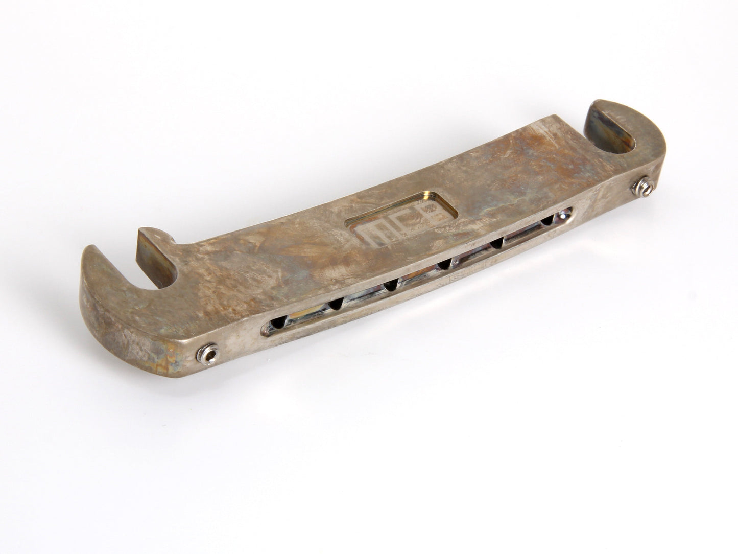 Music City Bridge "Stud Finder" bridge in aged nickel, underside