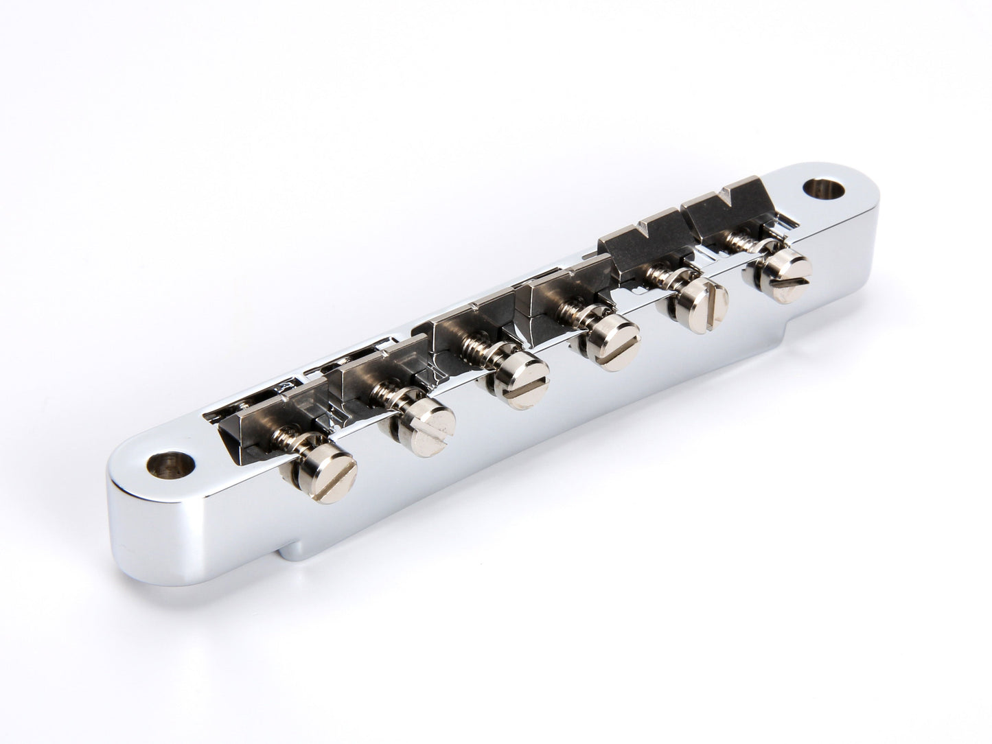 Non-wired ABR-1 bridge, zinc body, notched titanium saddles, chrome plated, front view