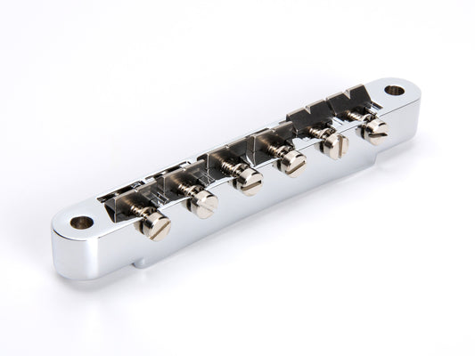 Non-wired ABR-1 bridge, zinc body, notched titanium saddles, chrome plated, front view