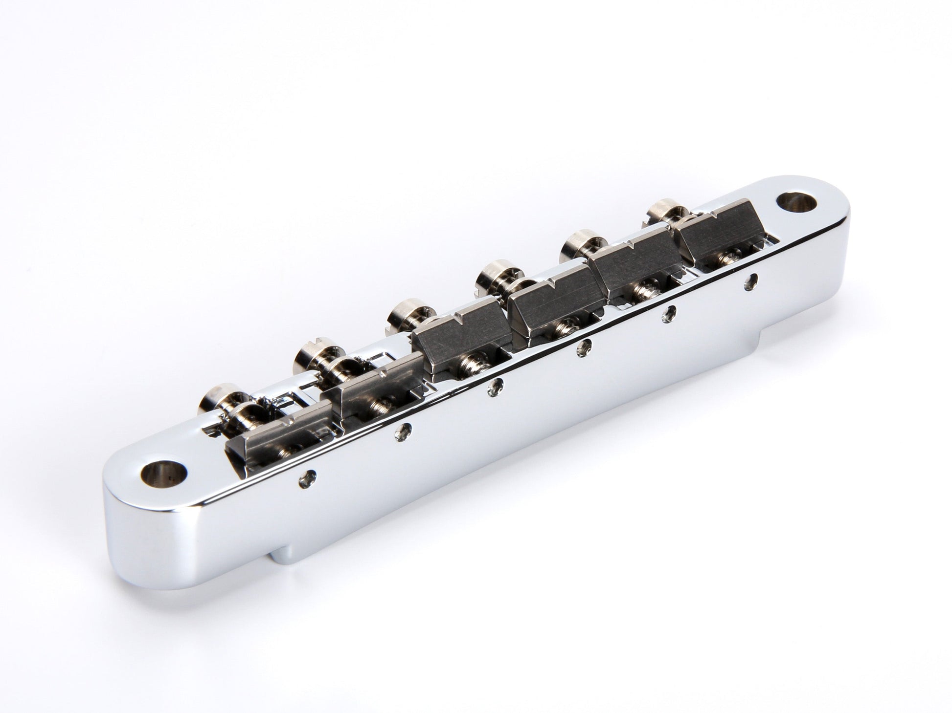 Non-wired ABR-1 bridge, zinc body, notched titanium saddles, chrome plated, rear view