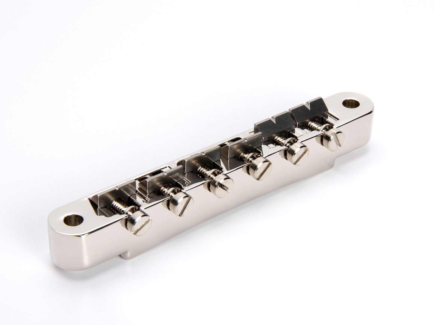 Non-wired ABR-1 bridge, zinc body, notched titanium saddles, nickel plated, front view